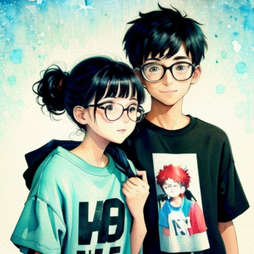 a couple of people standing next to each other with glasses on their faces and a picture of a boy and girl