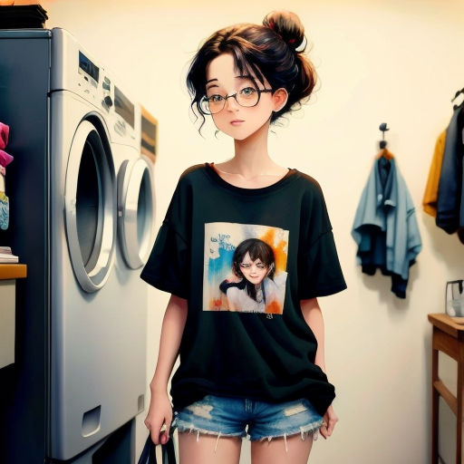 a woman standing in front of a washing machine in a room with clothes on the walls and a dryer