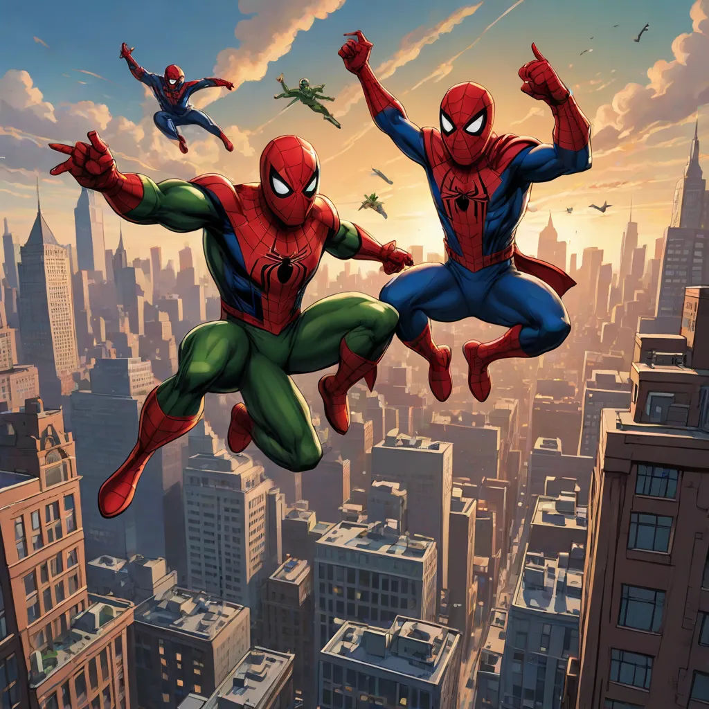 a spider man and a green man are flying over a city with skyscrapers and a plane in the sky, Brothers Hildebrandt, sots art, a comic book panel, comic cover art