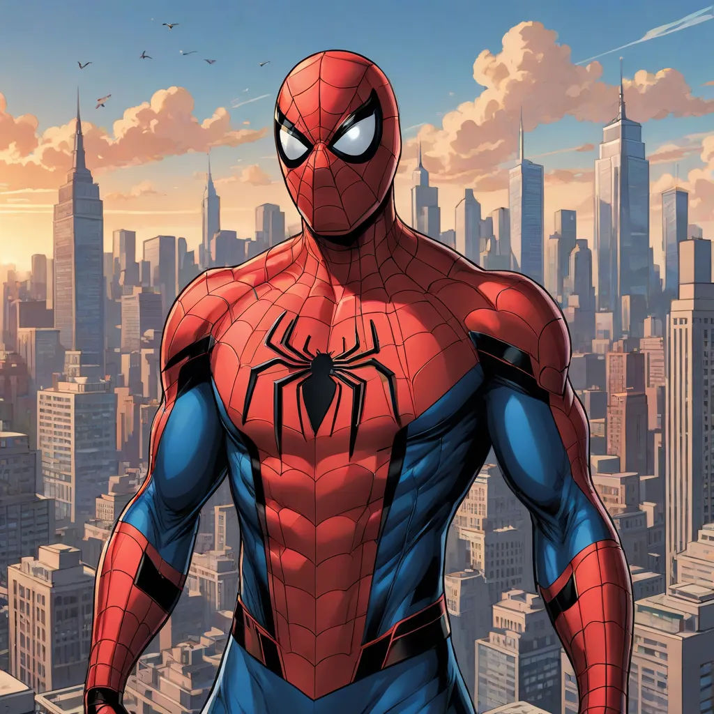 a spider man standing in front of a city skyline with skyscrapers in the background and a bird flying overhead, Alton Tobey, superflat, a comic book panel, rossdraws global illumination
