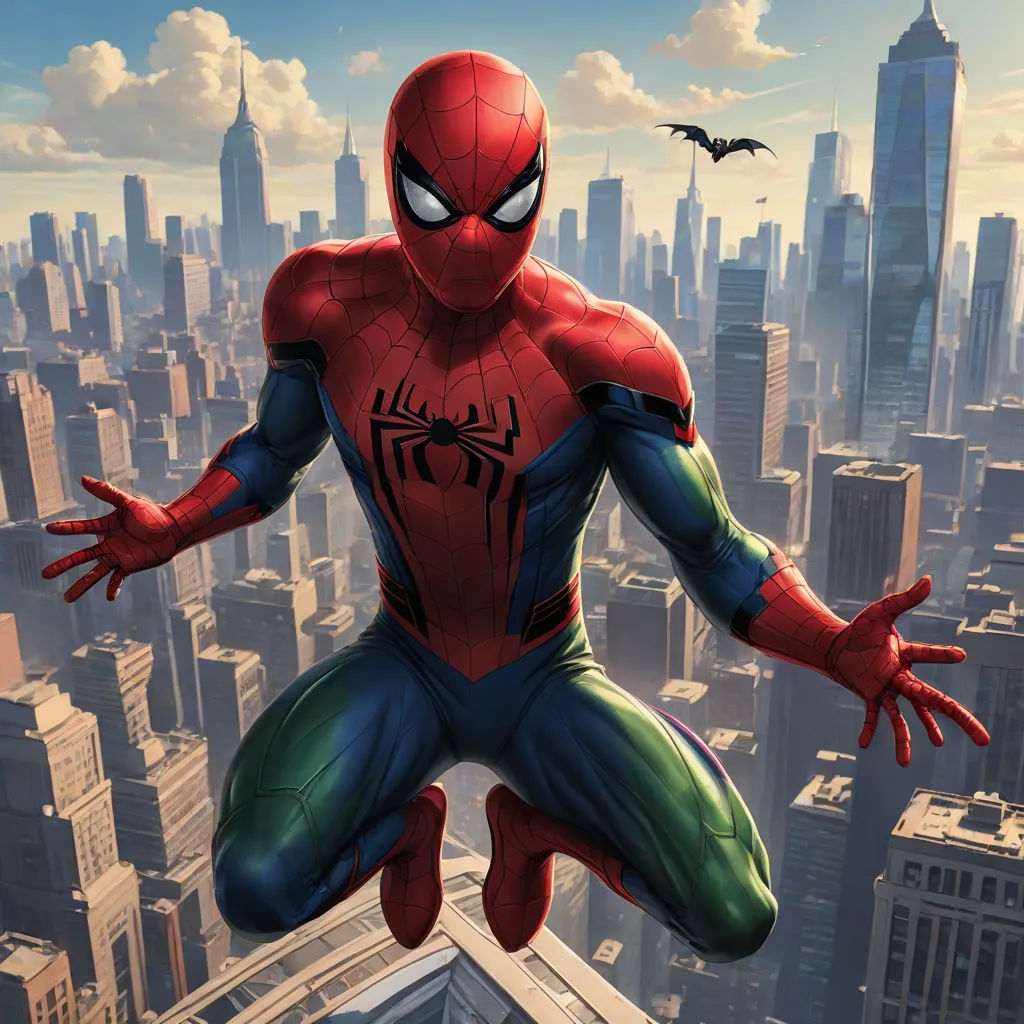 a spider man is flying over a city in a suit and mask with a bat flying overhead in the sky, Alton Tobey, sots art, concept art, official art