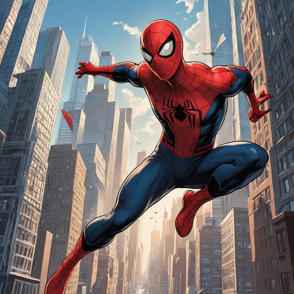 a spider man is in the middle of a city street with skyscrapers in the background and a cityscape in the foreground, Alton Tobey, photorealism, a comic book panel, official art