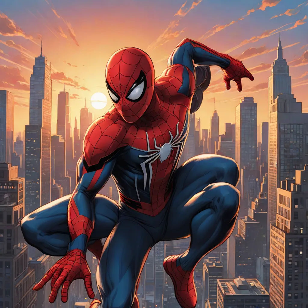 a spider man is jumping in the air over a cityscape at sunset with the sun in the background, Alton Tobey, sots art, a comic book panel, comic cover art
