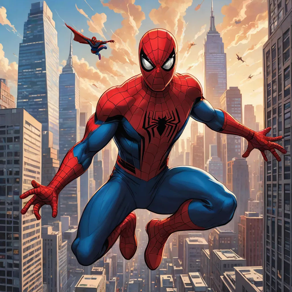 a spider man flying through the air over a city skyline with skyscrapers in the background and a bird flying overhead, Alton Tobey, altermodern, a comic book panel, comic cover art