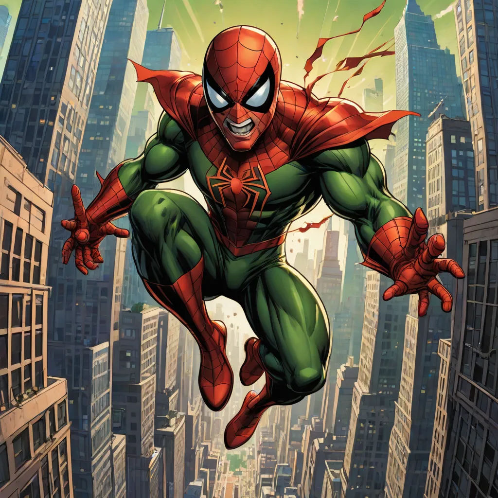 a spider man flying through the air over a cityscape with skyscrapers in the background and a cityscape in the foreground, Alton Tobey, altermodern, a comic book panel, comic cover art