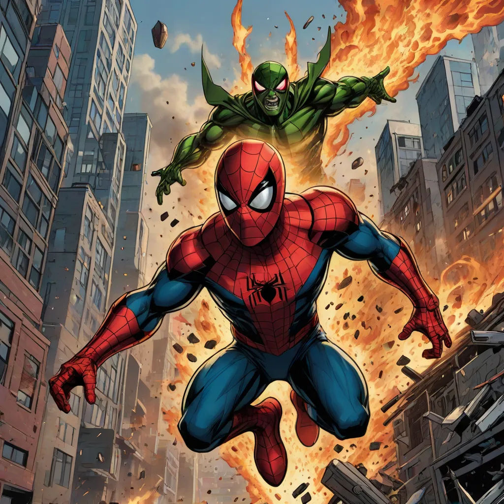 a spider - man flying through the air with a fire in the background and a city skyline in the foreground, Alan Davis, sots art, a comic book panel, comic cover art