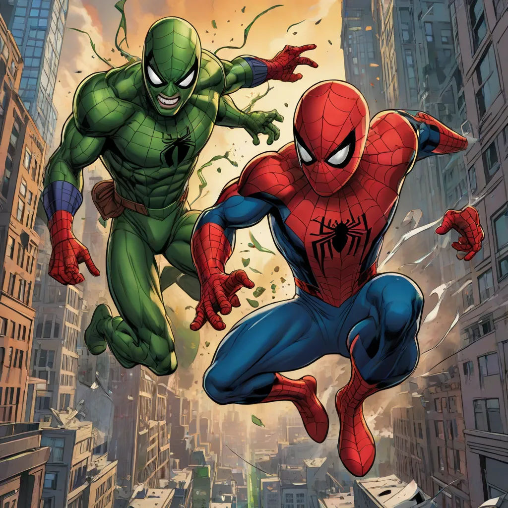 a spider - man and a green man are in the air in front of a cityscape with buildings, Alan Davis, antipodeans, a comic book panel, comic cover art