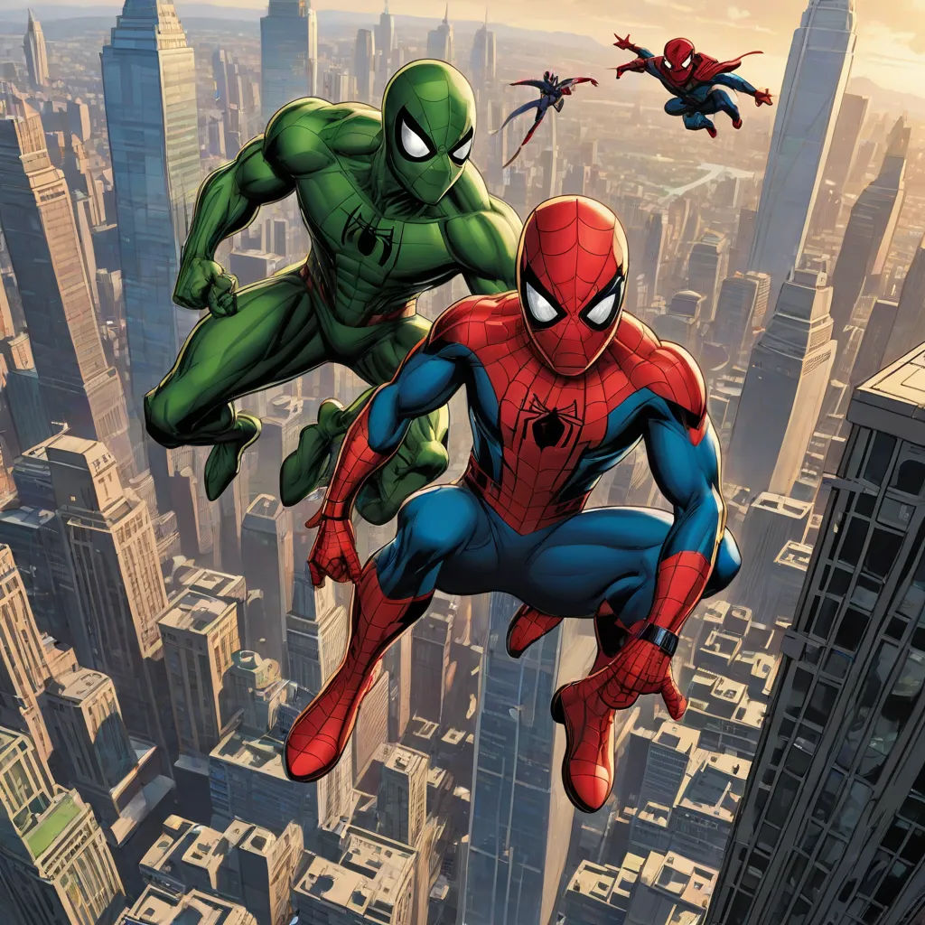 a spider man and a green man are flying over a city together in a cartoon style scene with skyscrapers, Alton Tobey, sots art, a poster, comic cover art