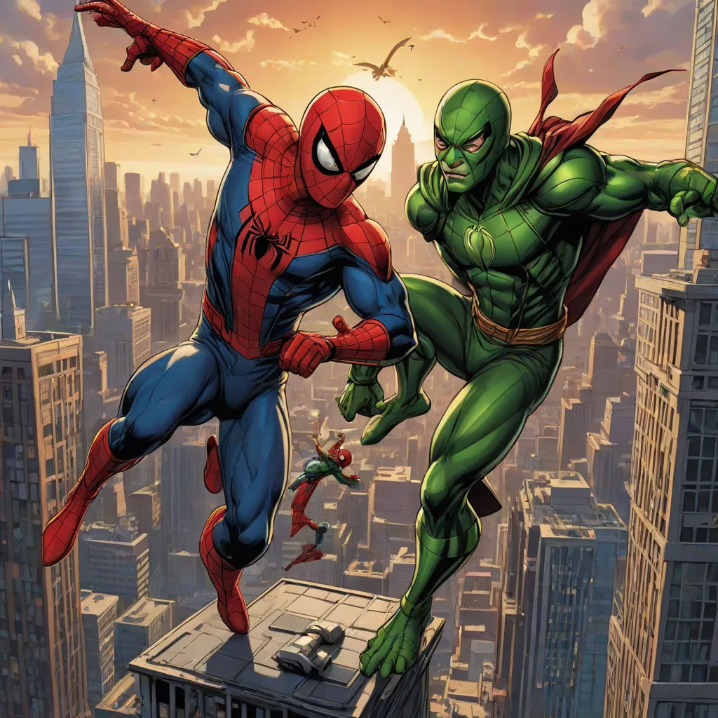a spider - man and green man are fighting in a city scene with skyscrapers in the background, and a bird flying overhead, Alton Tobey, antipodeans, a comic book panel, comic cover art