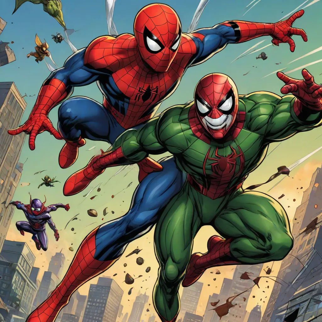 a spider - man and a spider - man are fighting in a city scene with a helicopter in the background, Alton Tobey, antipodeans, a comic book panel, comic cover art