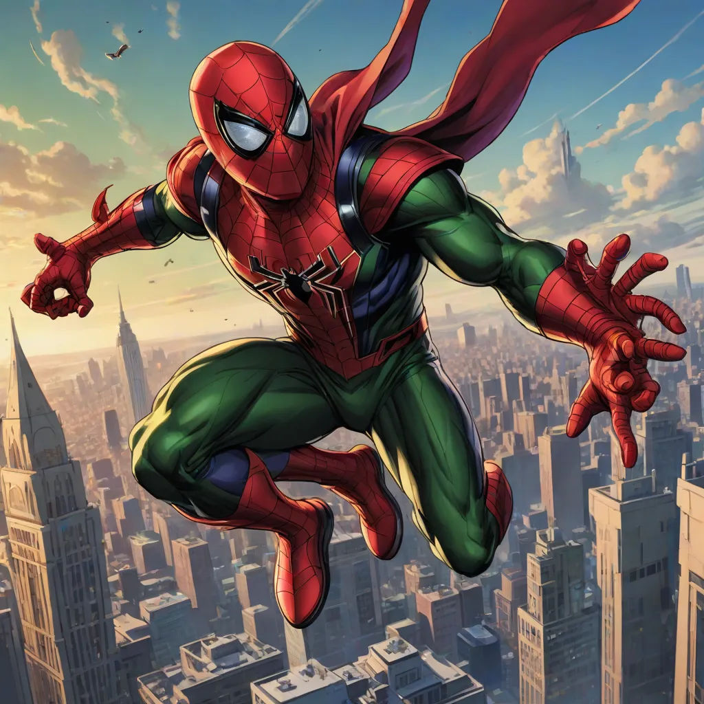 a spider man flying through the air over a cityscape with skyscrapers in the background and a bird flying overhead, Alton Tobey, sots art, a comic book panel, official art