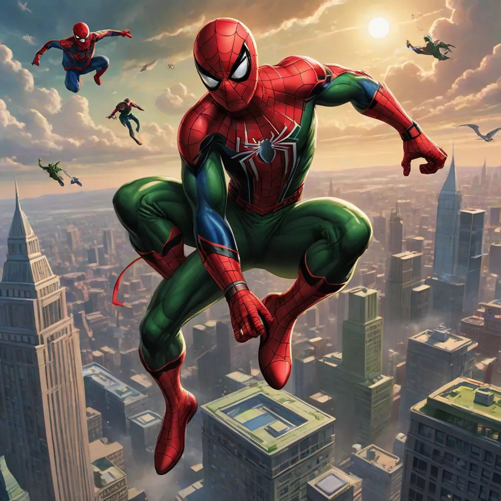 a spider man flying through the air over a city with skyscrapers and birds flying overhead in the sky, Alton Tobey, sots art, concept art, official art