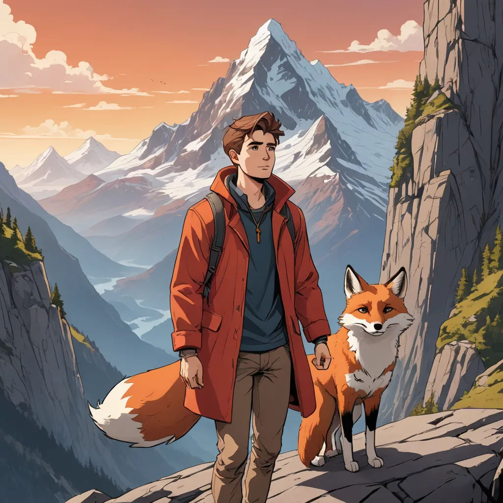 a man in a red coat and a fox on a mountain top with a sunset in the background and a mountain range in the background, furry art, a character portrait, Cedric Seaut (Keos Masons), official art
