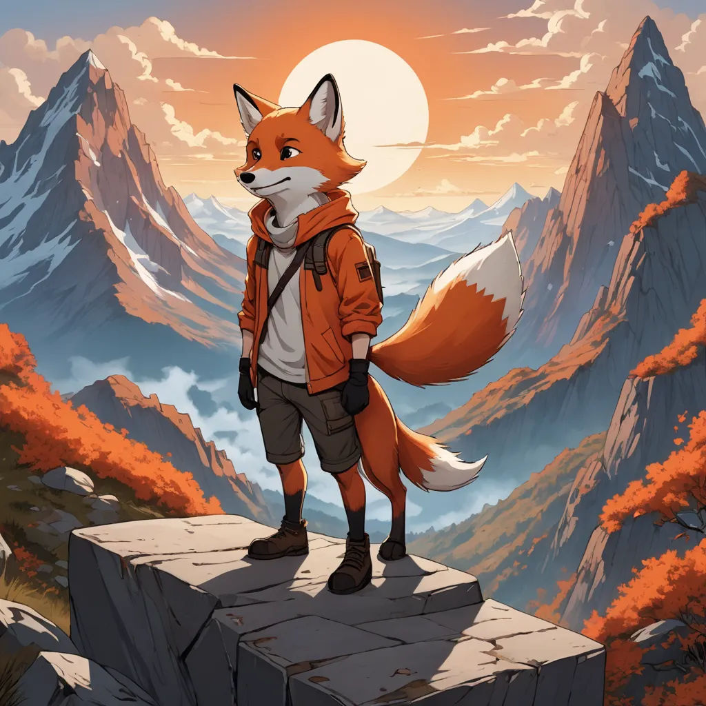 a fox standing on a rock ledge with a backpack on it's back and a mountain in the background, furry art, a character portrait, Aaron Jasinski, comic cover art