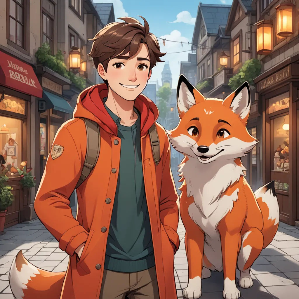 a man standing next to a fox on a street next to a building with a sign that says,, furry art, a character portrait, Cedric Seaut (Keos Masons), official art