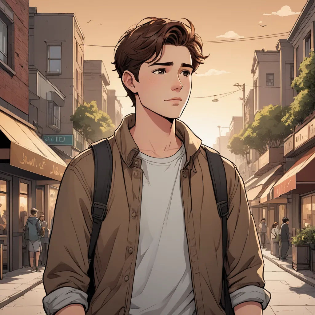 a man with a backpack is standing on a street corner in front of a building and a woman is walking down the street, serial art, a comic book panel, Cedric Seaut (Keos Masons), kinkade