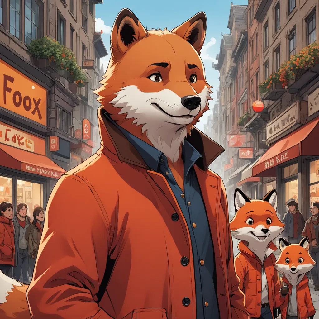 a fox in a red jacket is standing in front of a crowd of people in a city street with stores, furry art, a comic book panel, Aaron Jasinski, official art