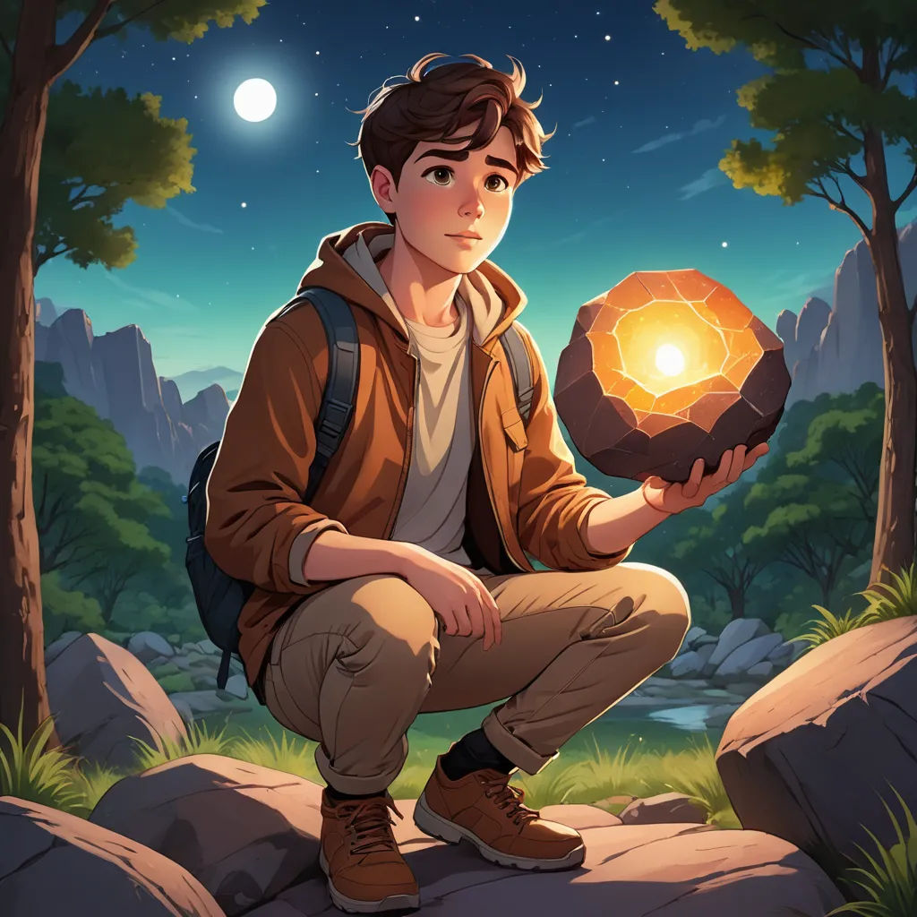 a boy holding a stone lantern in a forest at night with a full moon in the background and a mountain range in the foreground, fantasy art, a character portrait, Cedric Seaut (Keos Masons), rossdraws global illumination