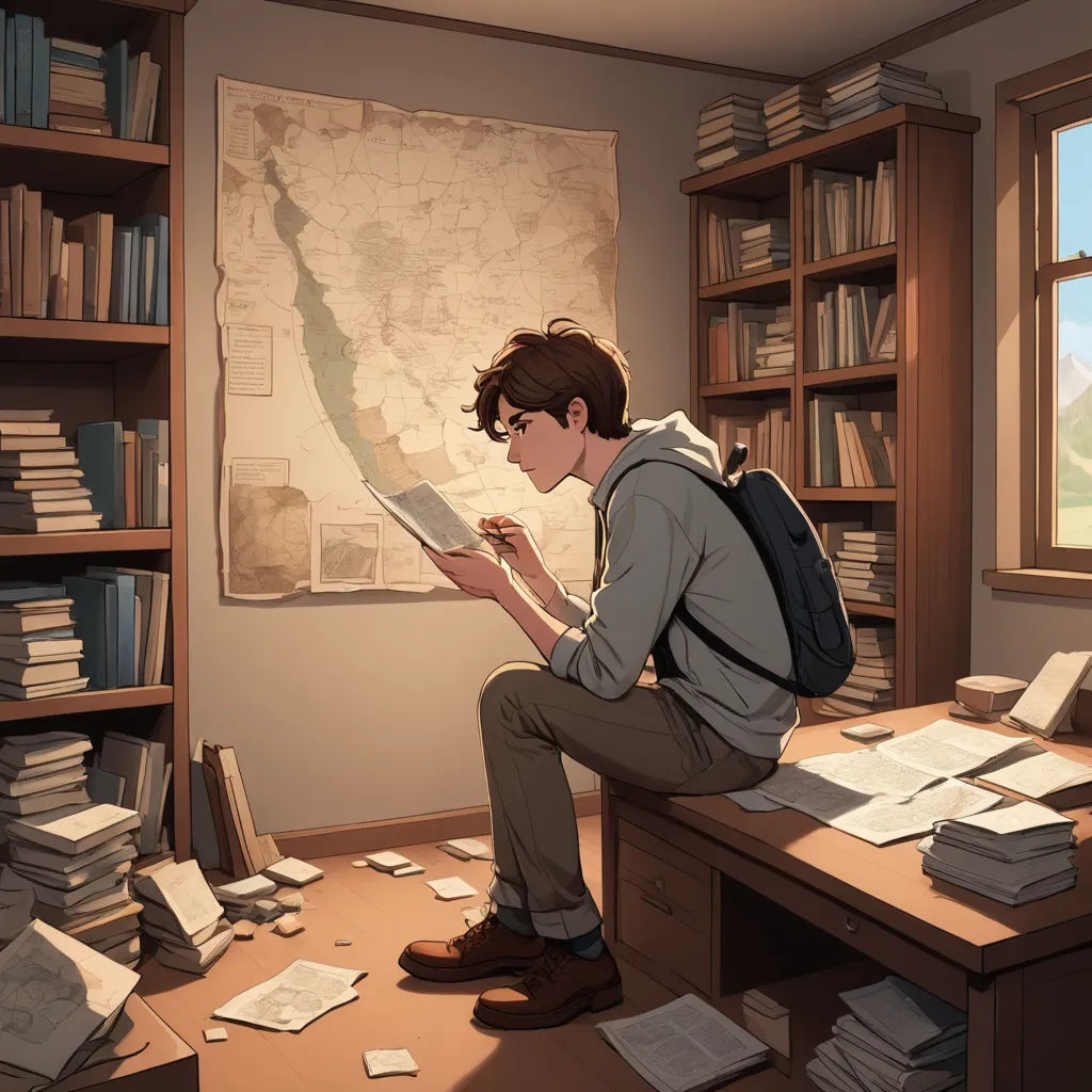 a man sitting at a desk with a book in his lap and a map on the wall behind him, academic art, a storybook illustration, Atey Ghailan, rossdraws global illumination