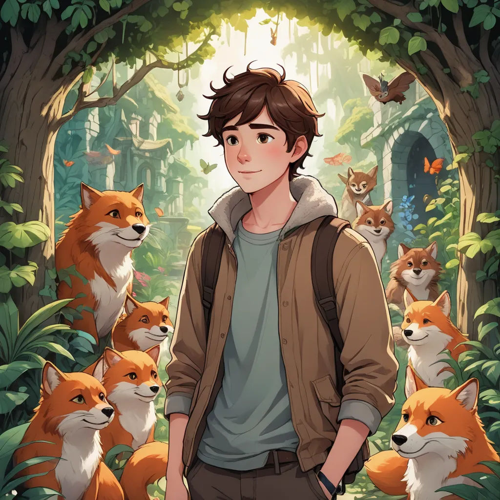 a boy standing in front of a forest full of foxes and birds with a forest background and a man in a brown jacket, furry art, a character portrait, Cedric Seaut (Keos Masons), comic cover art