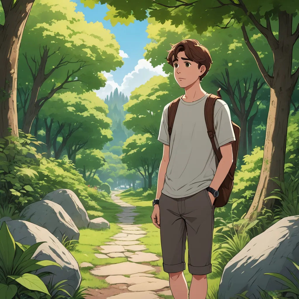 a man standing on a path in the woods with a backpack on his back and a backpack on his shoulder, serial art, a character portrait, Cedric Seaut (Keos Masons), anime key visual