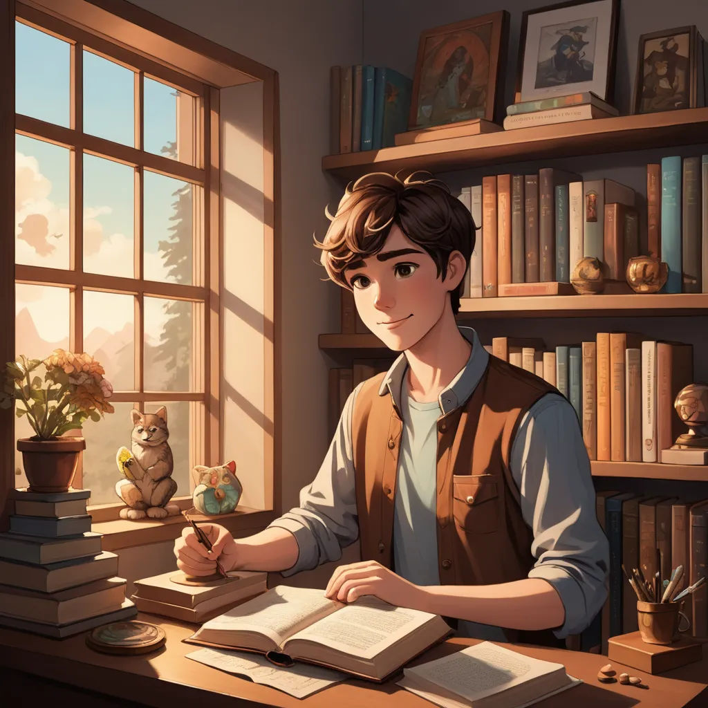 a boy sitting at a desk with a book and a teddy bear in front of him and a window, academic art, a storybook illustration, Cedric Seaut (Keos Masons), rossdraws global illumination