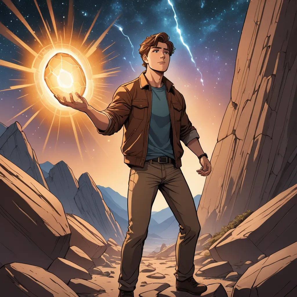 a man holding a glowing ball in his hand while standing on a rocky mountain top at night time with a star in the sky, sots art, poster art, Cedric Seaut (Keos Masons), comic cover art