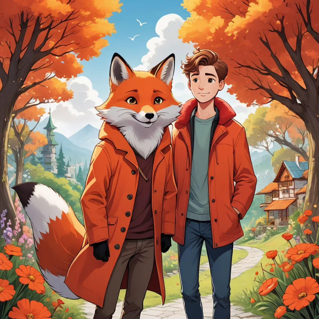 a man standing next to a fox in a forest with flowers and trees behind him, with a red jacket on, furry art, a comic book panel, Brothers Hildebrandt, official art