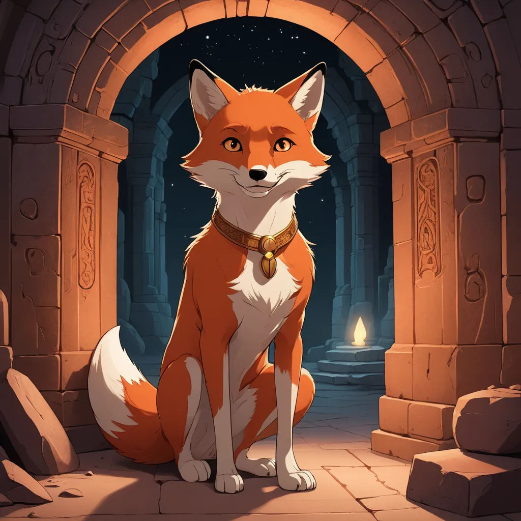 a red fox sitting in front of a stone archway with a candle in the background and a stone archway with a doorway leading into it, furry art, a character portrait, Cliff Childs, key art