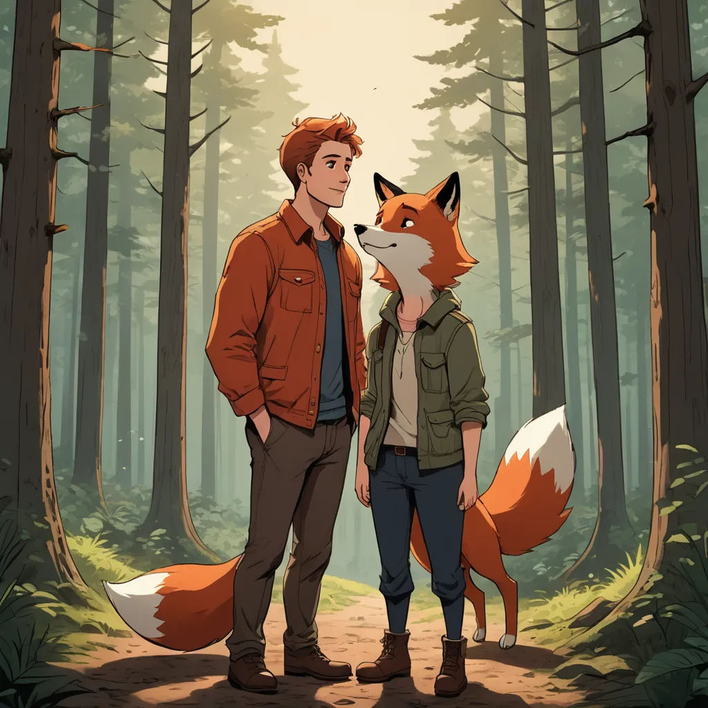 a man and a woman standing in the woods with a fox on their shoulder and a fox on their shoulder, furry art, a storybook illustration, Cedric Seaut (Keos Masons), official art