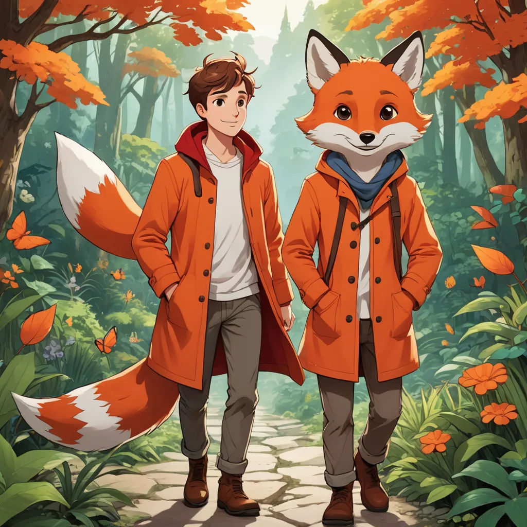 a man and a fox standing in a forest with leaves on the ground and trees in the background, with leaves on the ground, furry art, poster art, Cliff Childs, official art