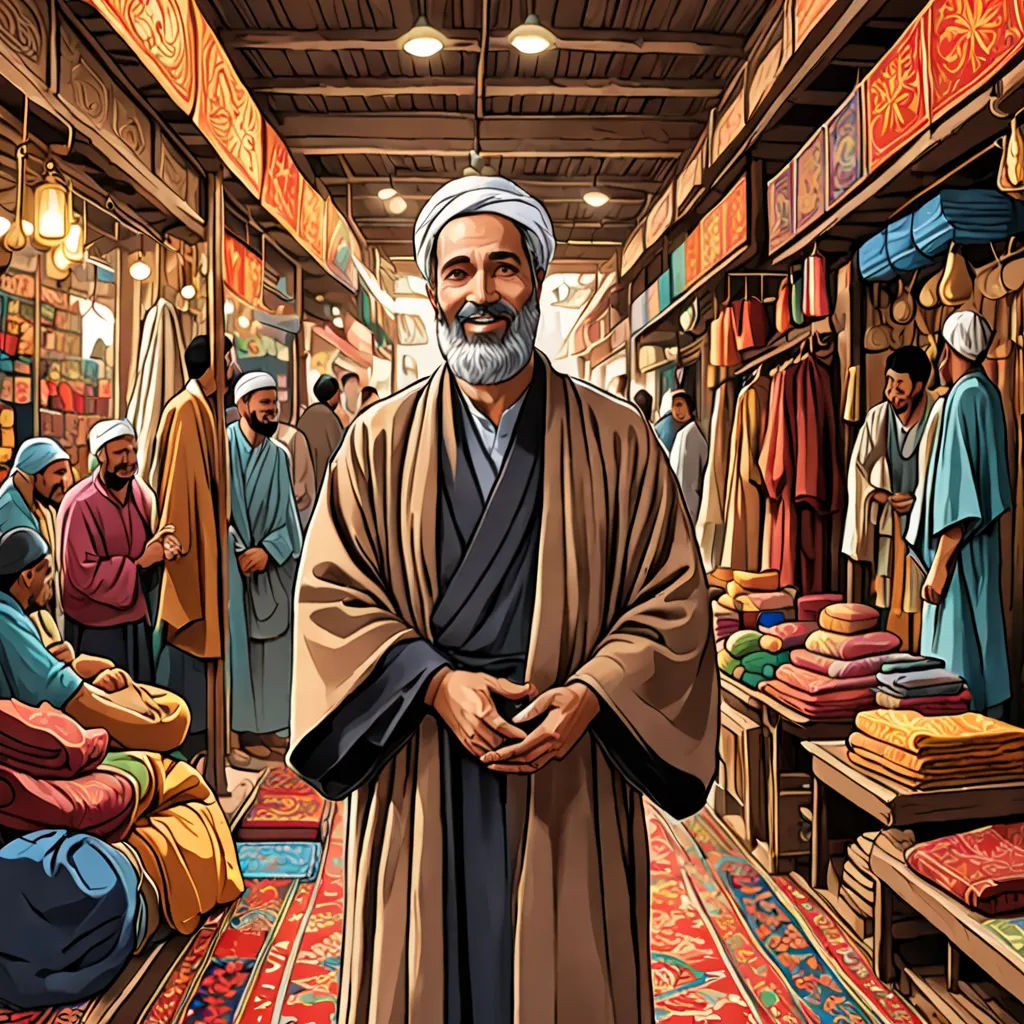 a man standing in a store with a lot of people around him and a lot of rugs on the floor, Amir Zand, hurufiyya, a storybook illustration, digital illustration