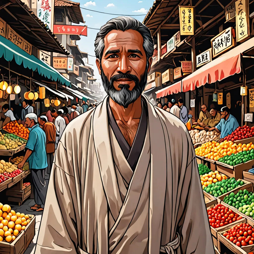 a man with a beard and a robe on in a market area with fruit and vegetables on display in boxes, Asaf Hanuka, excessivism, a character portrait, graphic novel