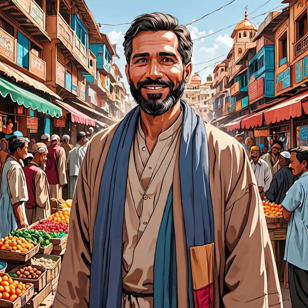 a man with a beard and a scarf on standing in front of a market with oranges and other fruit, Amir Zand, hurufiyya, a character portrait, high detail illustration