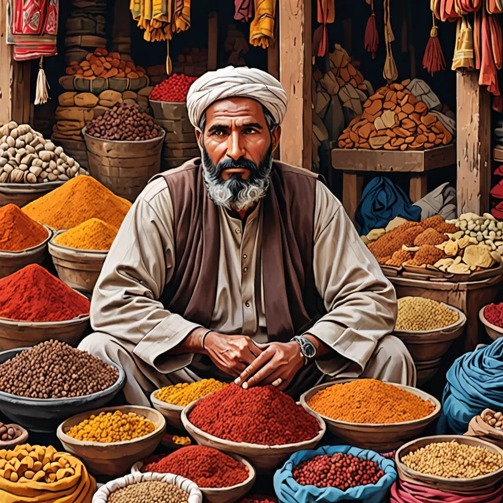 a man sitting in front of a large assortment of spices and nuts in bowls and bowls on the ground, Farid Mansour, photorealism, a photorealistic painting, highly detailed digital painting