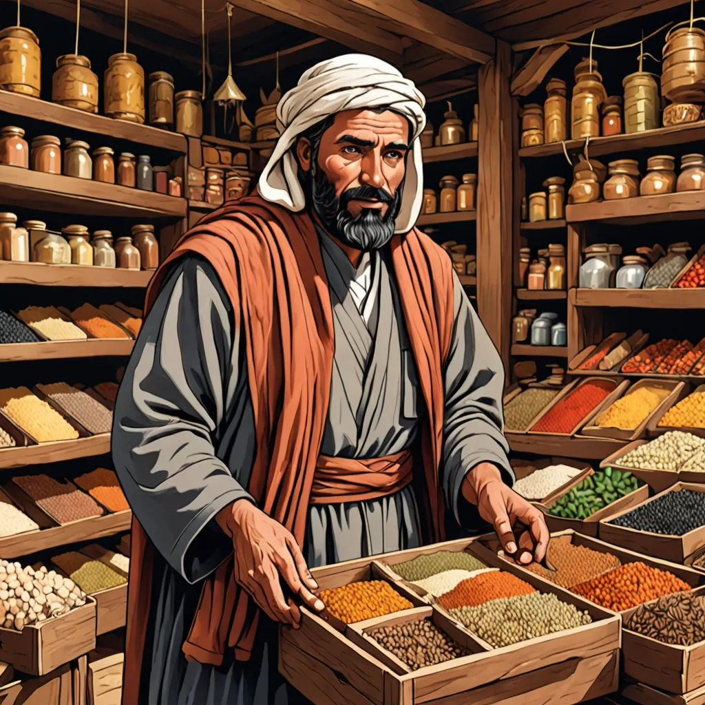 a man standing in front of a display of spices and nuts in a store filled with shelves of jars, Andries Stock, computer art, computer graphics, highly detailed digital art