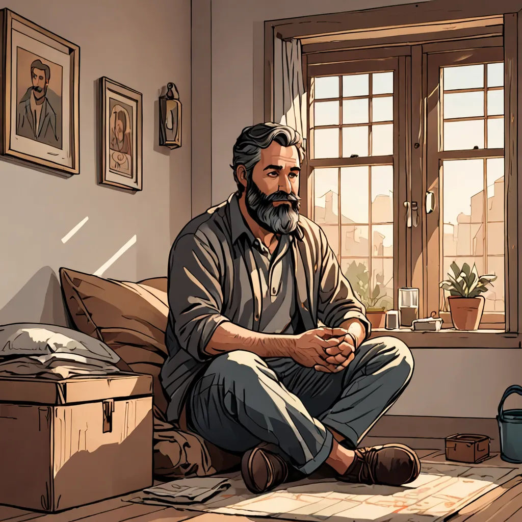 a man sitting on a bed in a room with a window and a suitcase on the floor next to him, Asaf Hanuka, serial art, a comic book panel, graphic novel