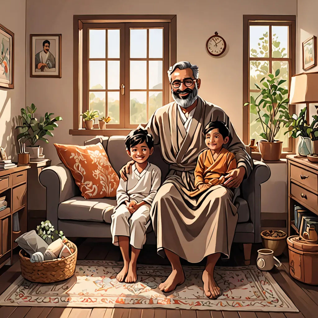a painting of a man and two children sitting on a couch in a living room with a clock on the wall, Bapu, samikshavad, a storybook illustration, storybook illustration