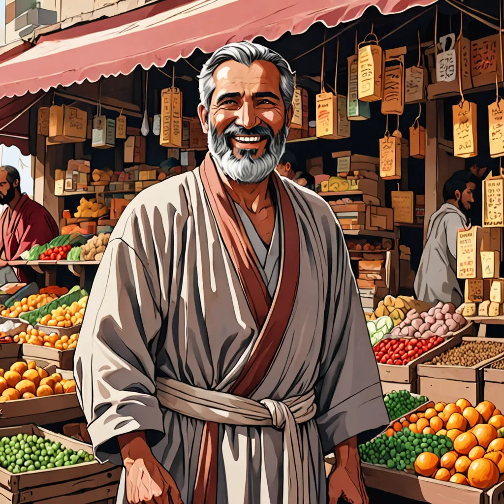 a man standing in front of a fruit stand with a lot of fruit in it's boxes and a man in a robe, Asaf Hanuka, excessivism, a storybook illustration, high detail illustration