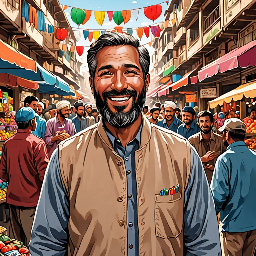 a man standing in a crowded market with a beard and mustache on his face and a crowd of people in the background, Amir Zand, hurufiyya, a comic book panel, high detail illustration