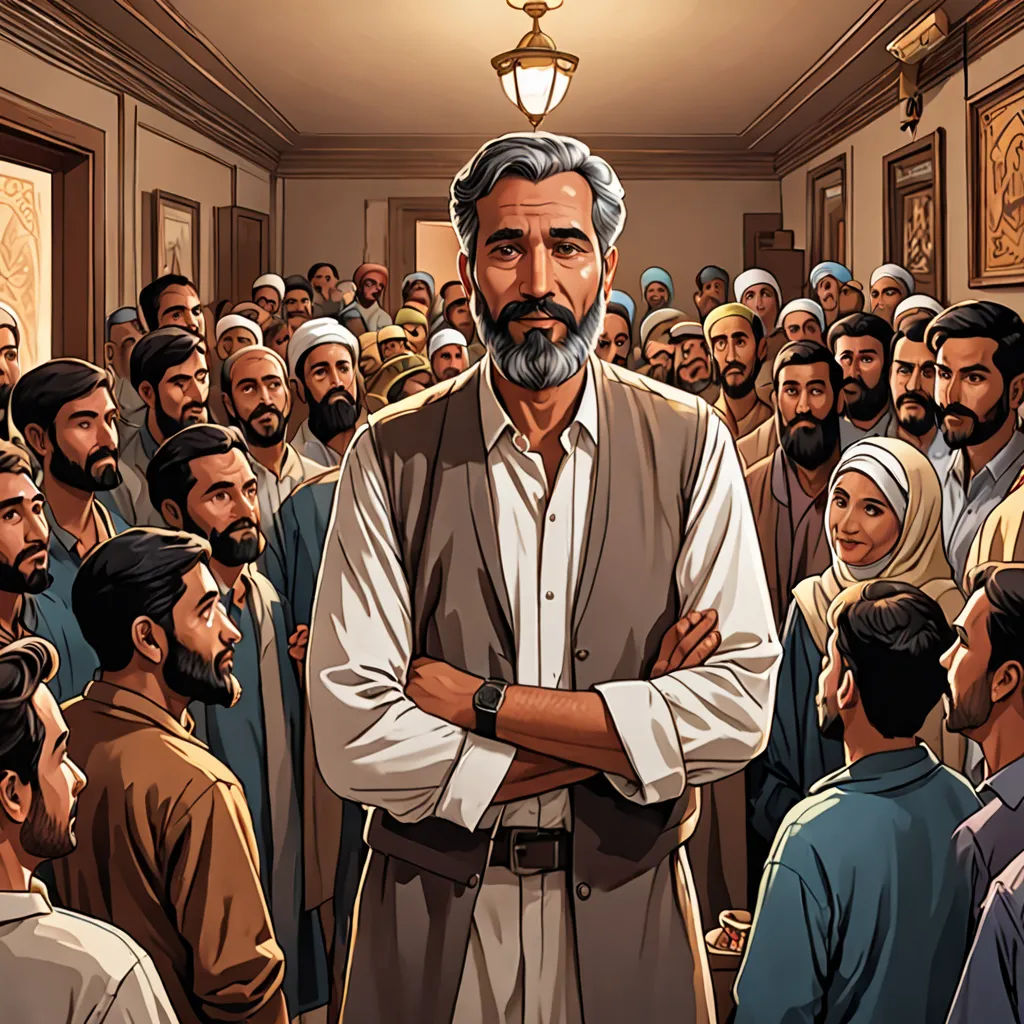 a man standing in front of a crowd of people with his arms crossed and his head turned to the side, Amir Zand, hurufiyya, a comic book panel, graphic novel