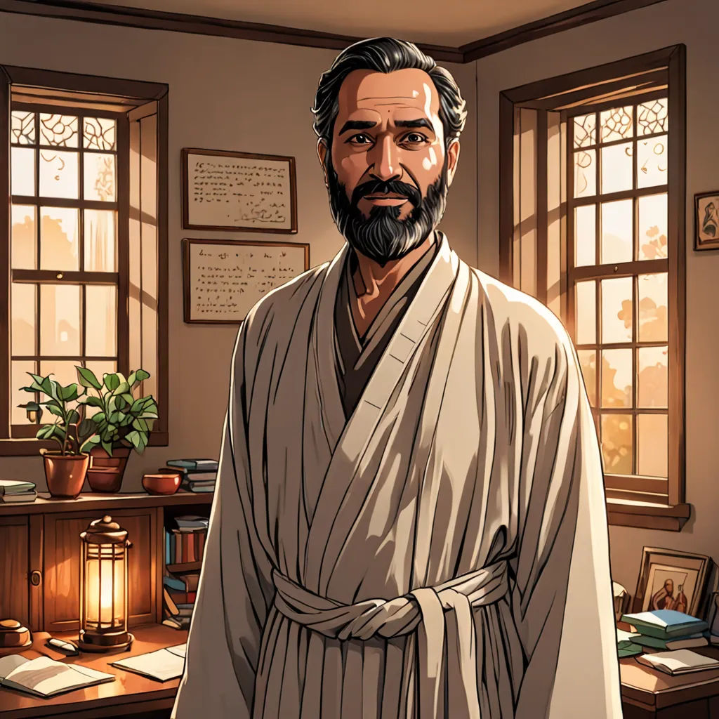 a man in a robe standing in a room with a desk and a potted plant in front of him, Emperor Huizong of Song, sots art, a character portrait, official art