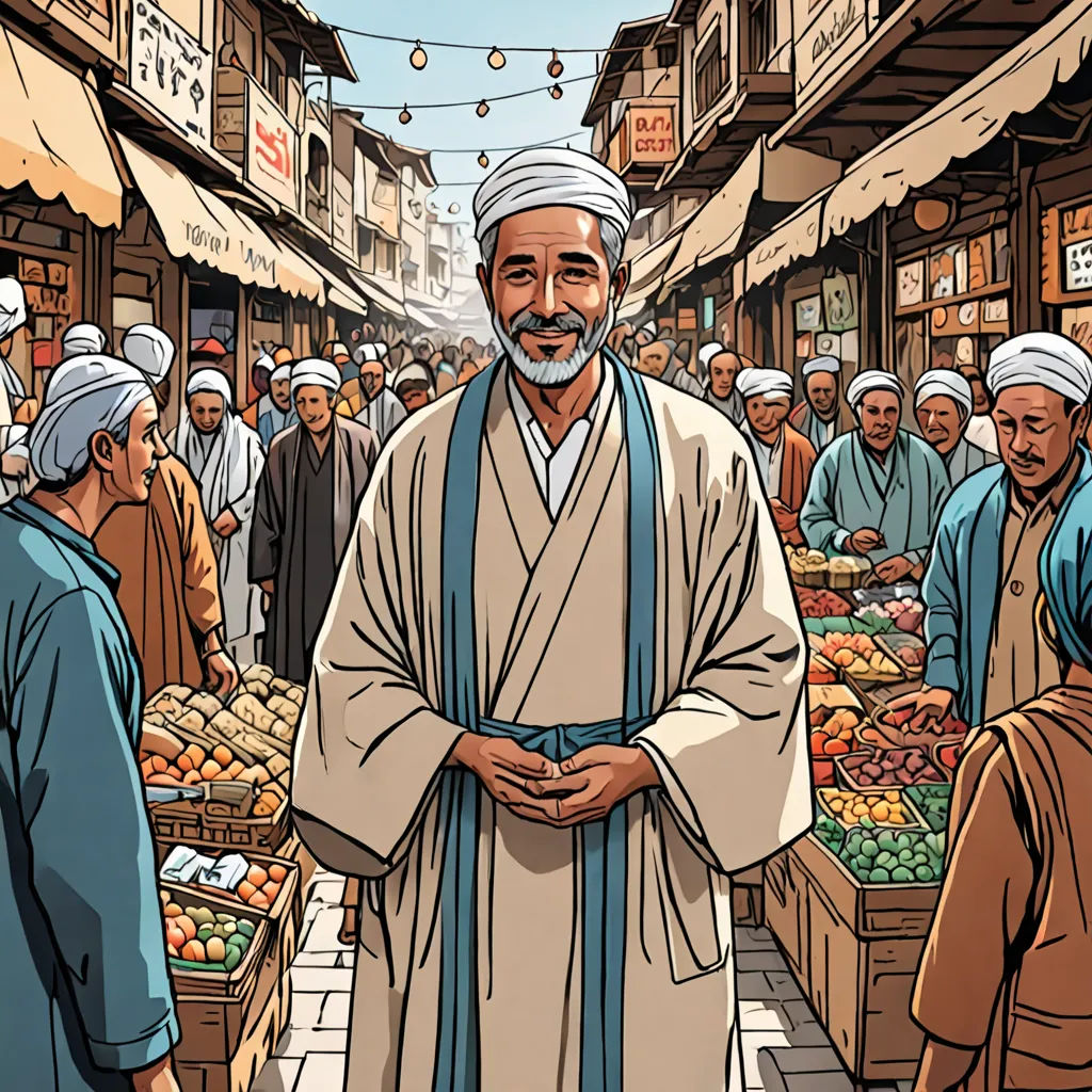 a man standing in a market with a lot of people around him and a lot of food on the ground, Asaf Hanuka, hurufiyya, a storybook illustration, orientalism