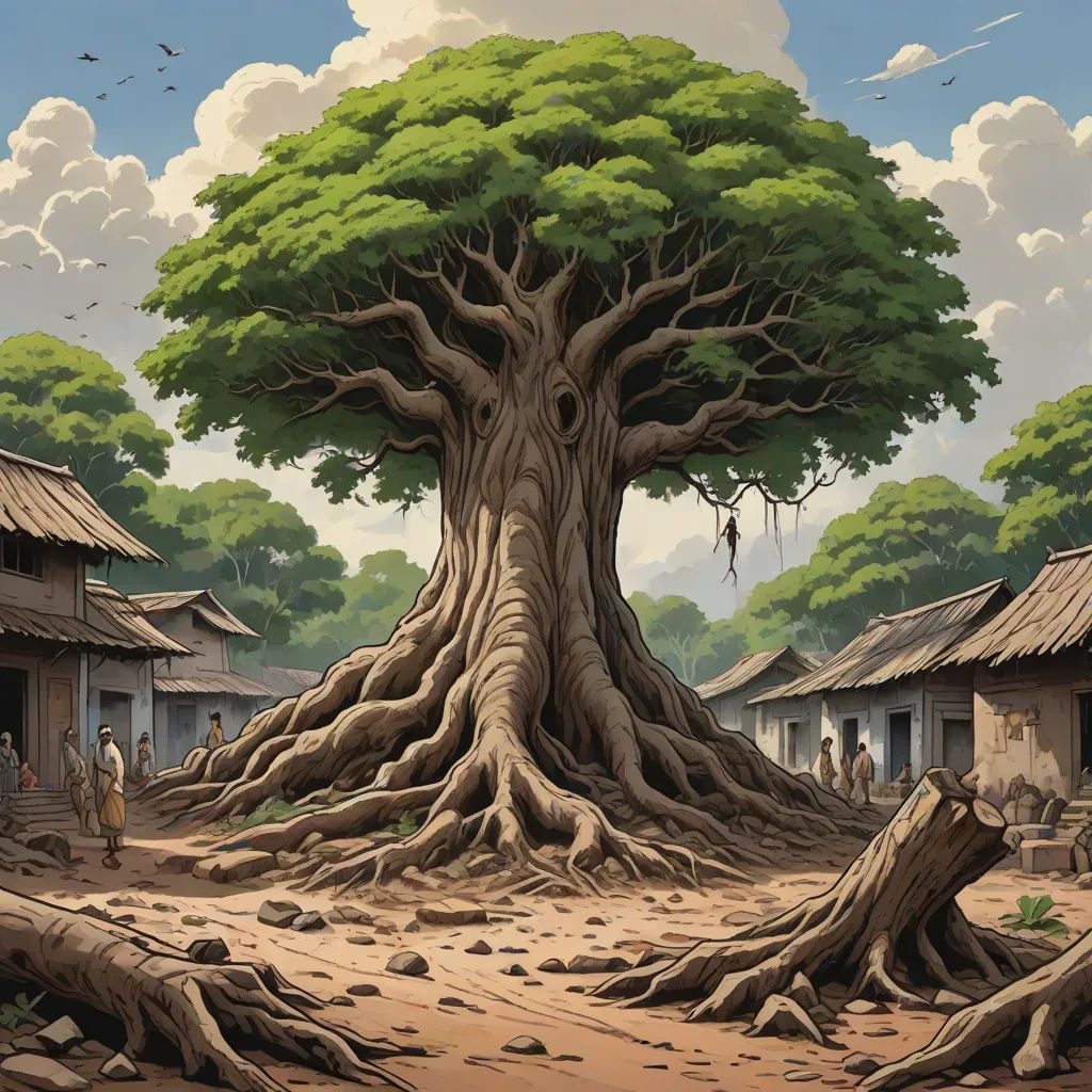 a painting of a tree with a lot of roots in it and people standing around it in the background, fantasy art, a detailed matte painting, Christophe Vacher, roots