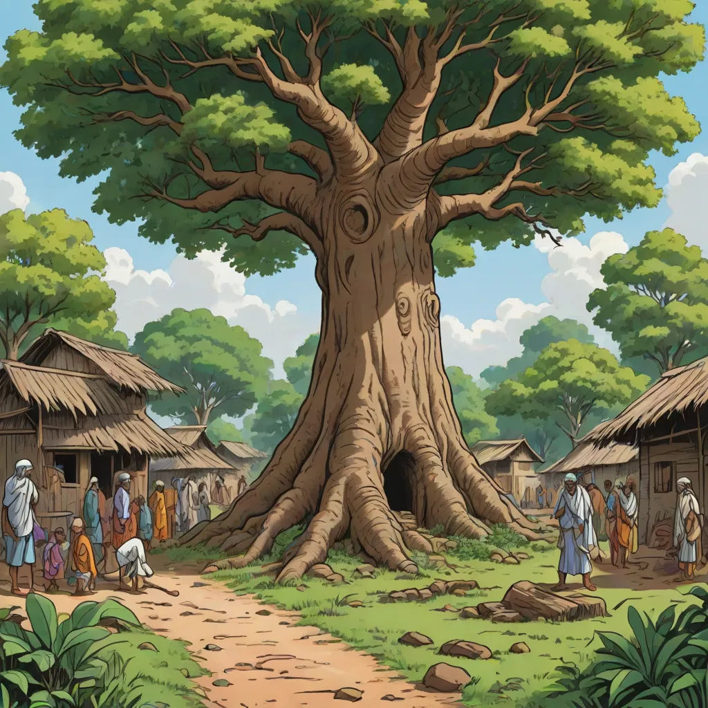 a group of people standing around a tree in a village with huts on the ground and a dirt path, primitivism, a detailed matte painting, Chris LaBrooy, roots