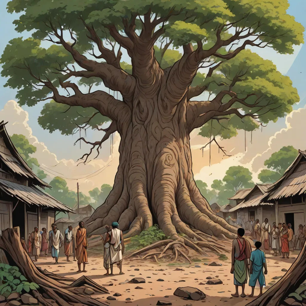 a group of people standing around a tree in a village with a sky background and a sky background with clouds, fantasy art, a storybook illustration, Asaf Hanuka, roots