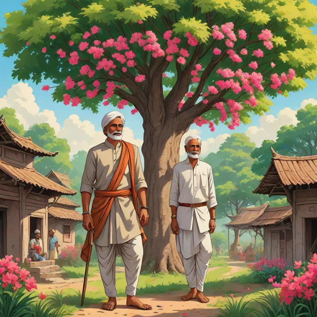 a painting of two men standing next to a tree in a park with flowers on it and a man in a white turban, samikshavad, a storybook illustration, Bapu, official art