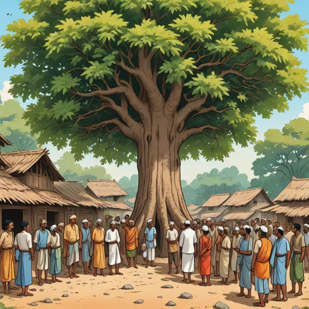 a group of people standing around a tree in front of a hut with a large tree in the middle, les nabis, an illustration of, Afewerk Tekle, roots