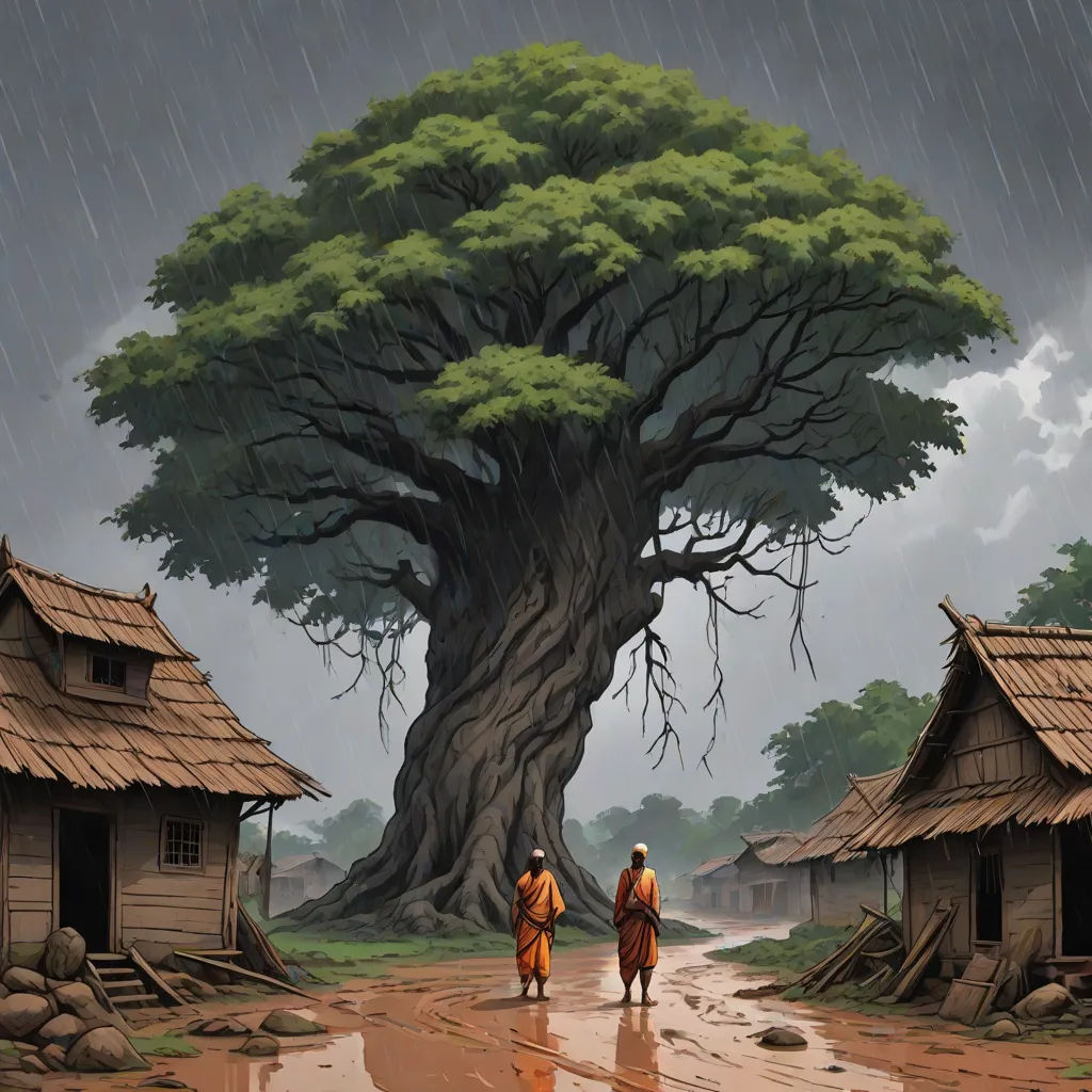 a painting of two people walking in the rain near a tree and shacks with a large tree in the background, fantasy art, a detailed matte painting, Christophe Vacher, roots