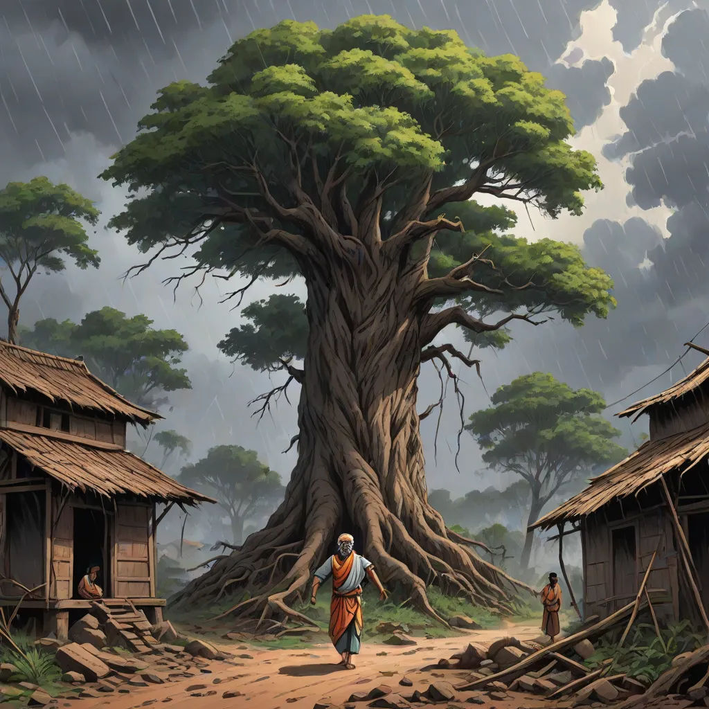 a painting of a man walking down a dirt road in front of a tree with a man standing next to it, fantasy art, a detailed matte painting, Christophe Vacher, roots